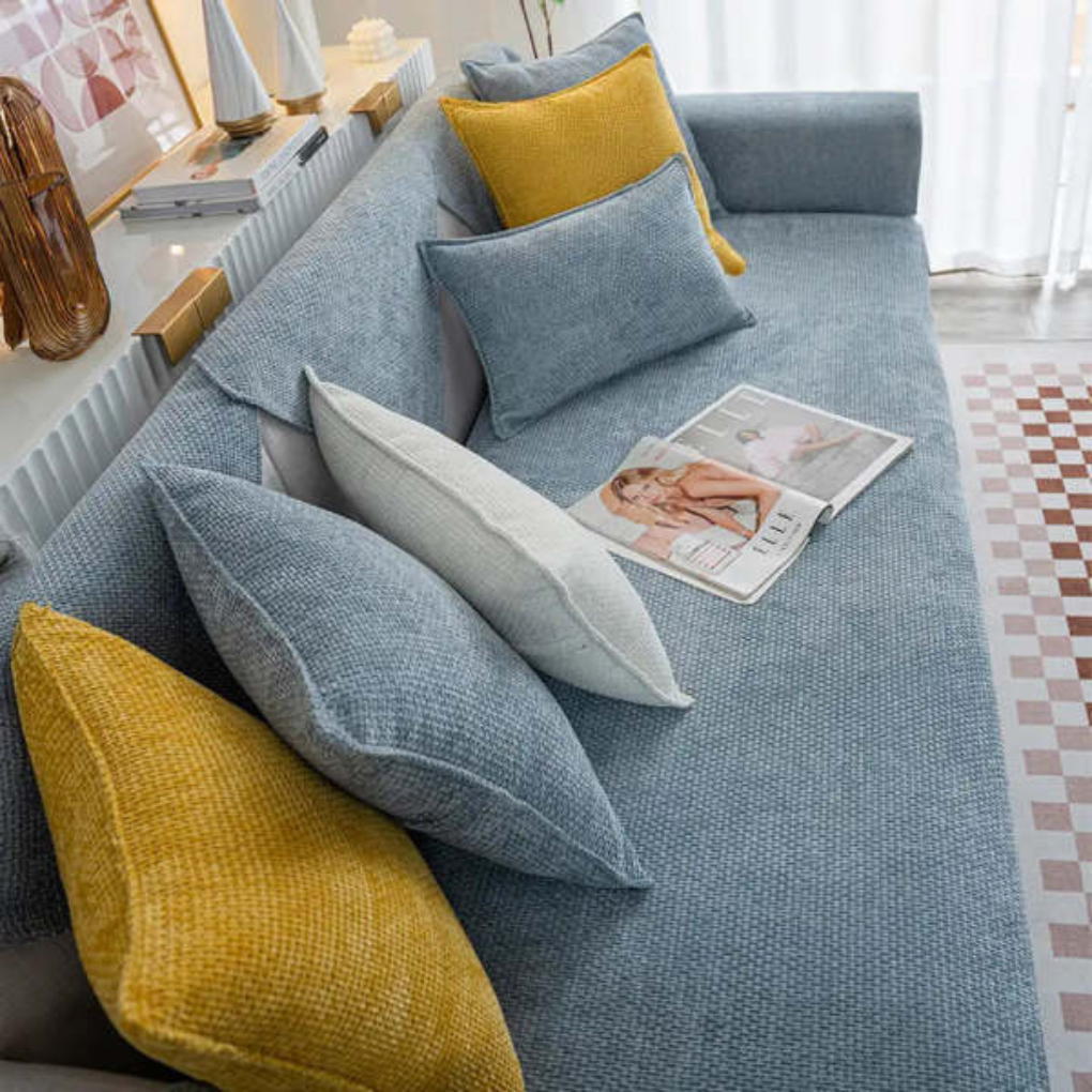 Close-up of a cloud woven velvet sofa cover. Durable, pet friendly, and non-slip for your living room.