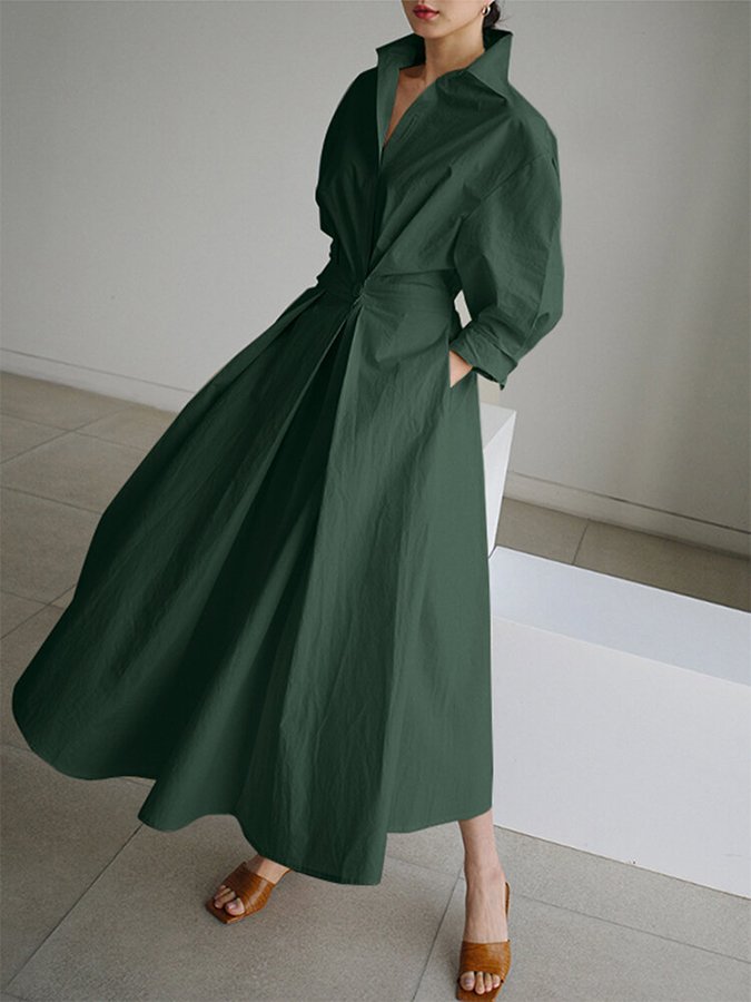 Classic women's collared long sleeve midi dress, a versatile piece for elegant fall/winter fashion & office attire.
