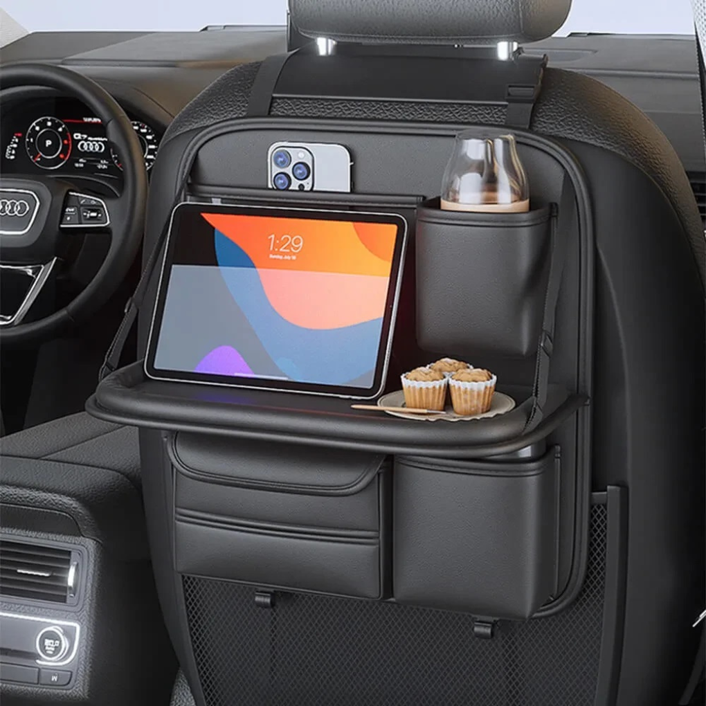 Unisex car back-seat organizer with foldable tray table & tablet holder for road trips.