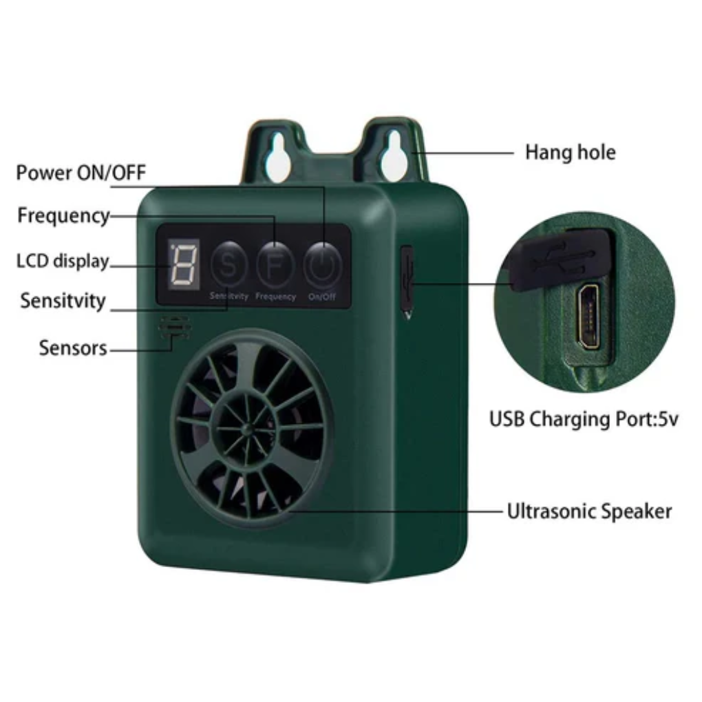 Dog bark control device, outdoor pet training. Ultrasonic technology for a quiet solution in your yard.