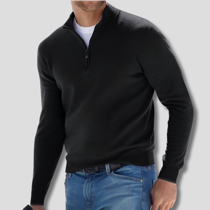 Comfortable men's long sleeve pullover sweater with a practical zipper collar for effortless casual style.