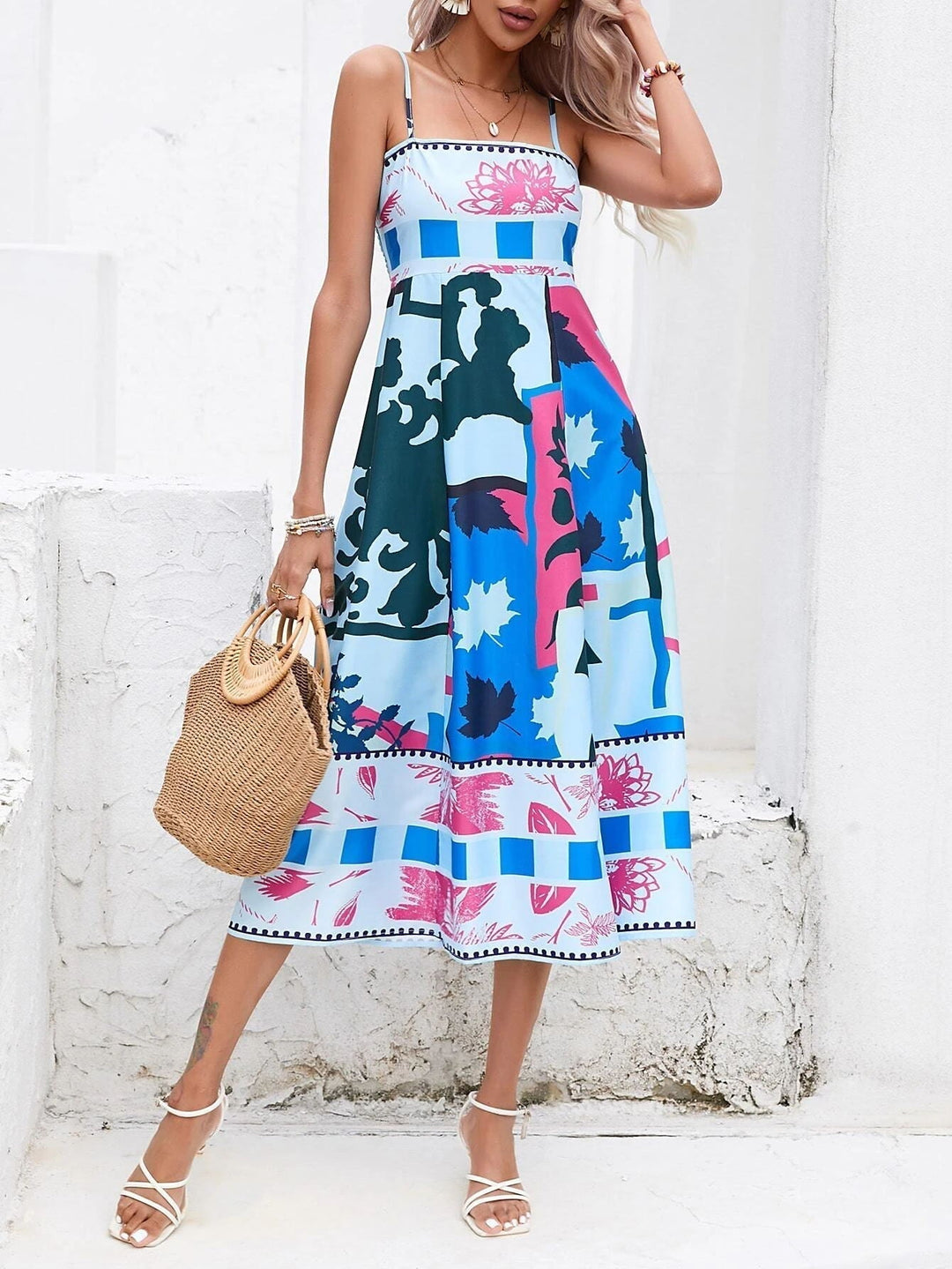 Women's square neck boho midi dress, an elegant and comfortable choice for beachwear & summer.