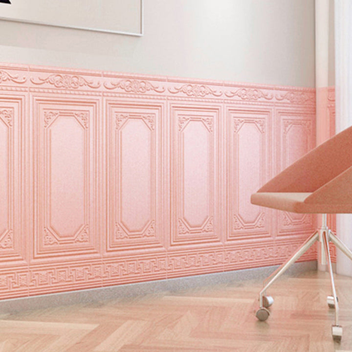 Beige 3D peel & stick wall panels, vinyl for warm and inviting living room decor.