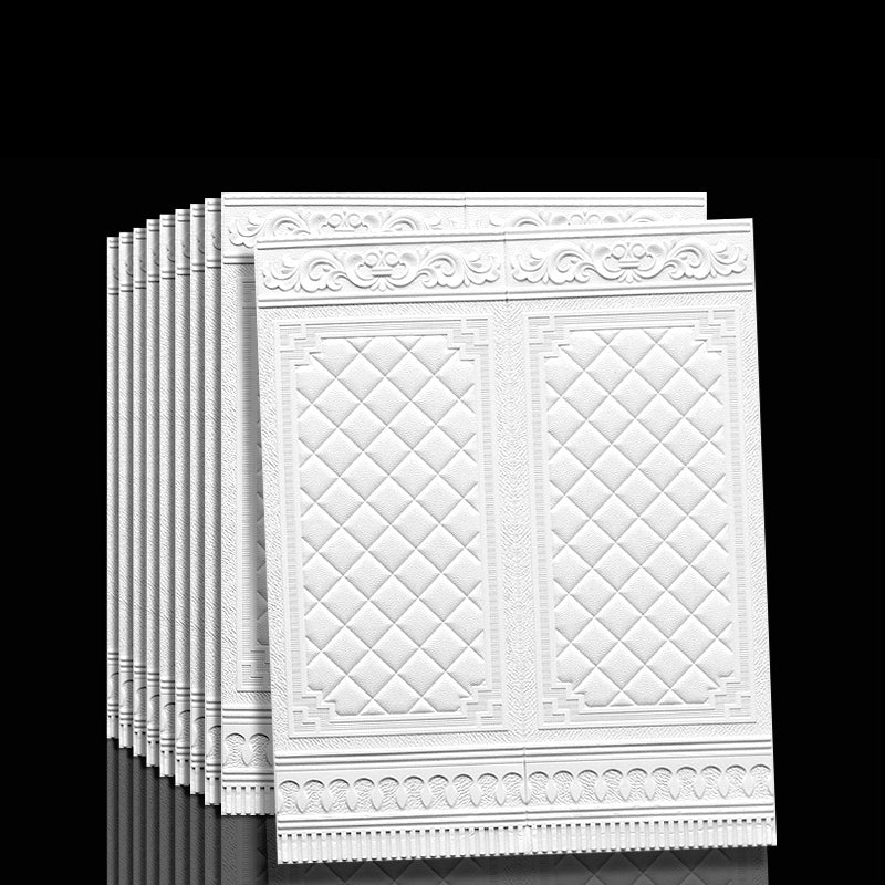 Elegant white 3D vinyl wall panels, self-adhesive & waterproof for sophisticated decor.