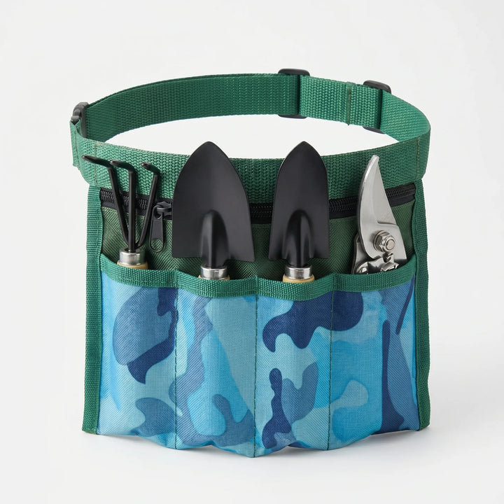 Compact 4-piece garden hand tool set & waist pouch. Ideal for balcony gardens, herbs, and indoor plant care.