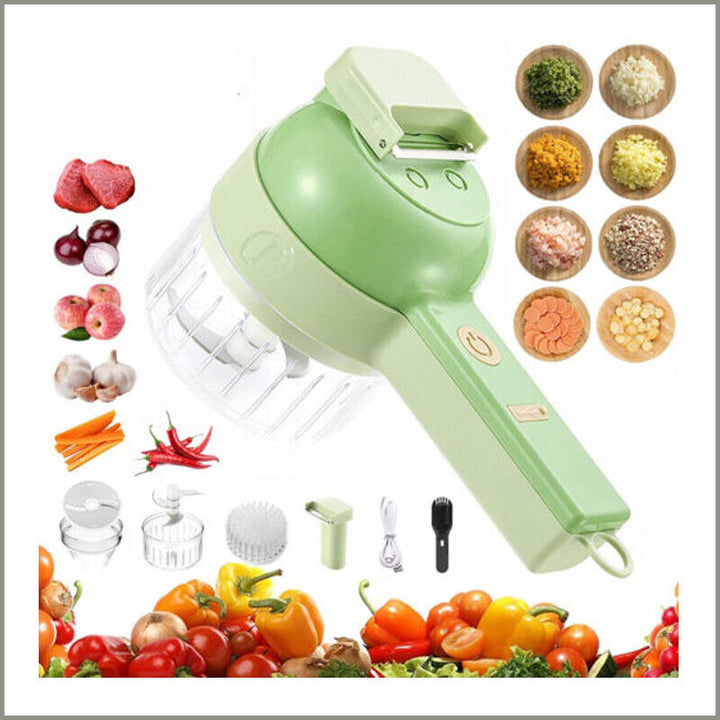 "4 in 1 electric food cutter with stainless steel blades, chops, slices, shreds, grates; compact design for kitchens."