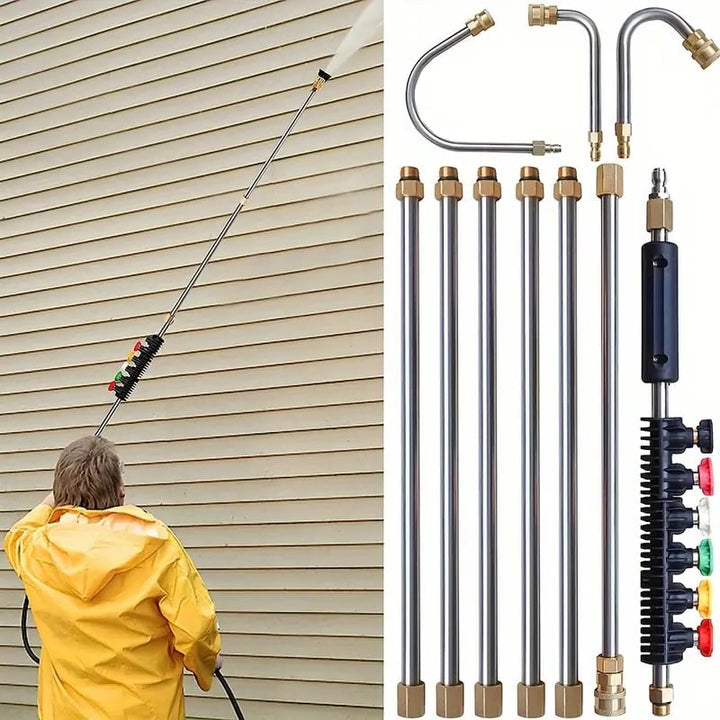 "4000 PSI telescoping high-pressure washer wand with 6 nozzle tips, ideal for gutter cleaning and reaching high areas easily.