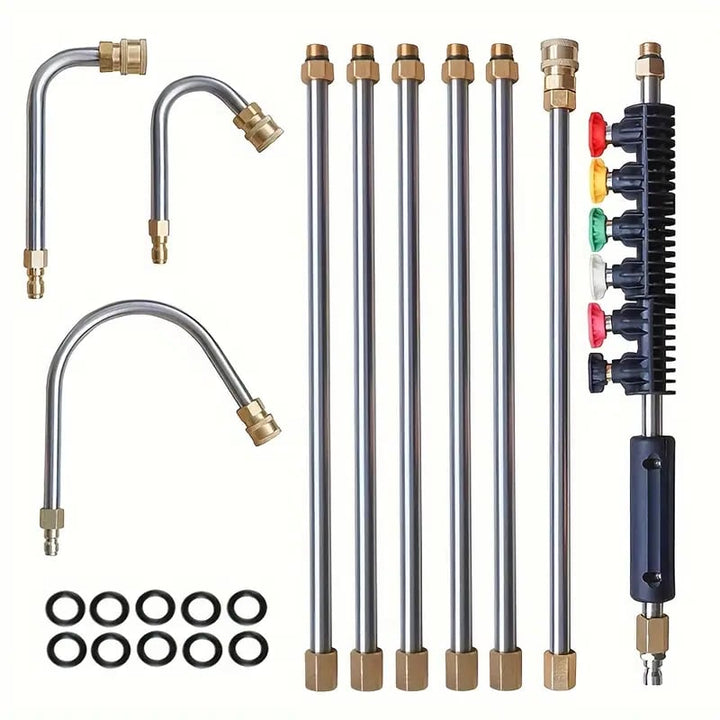 "4000 PSI telescoping high-pressure washer wand with 6 nozzle tips, ideal for gutter cleaning and reaching high areas easily.