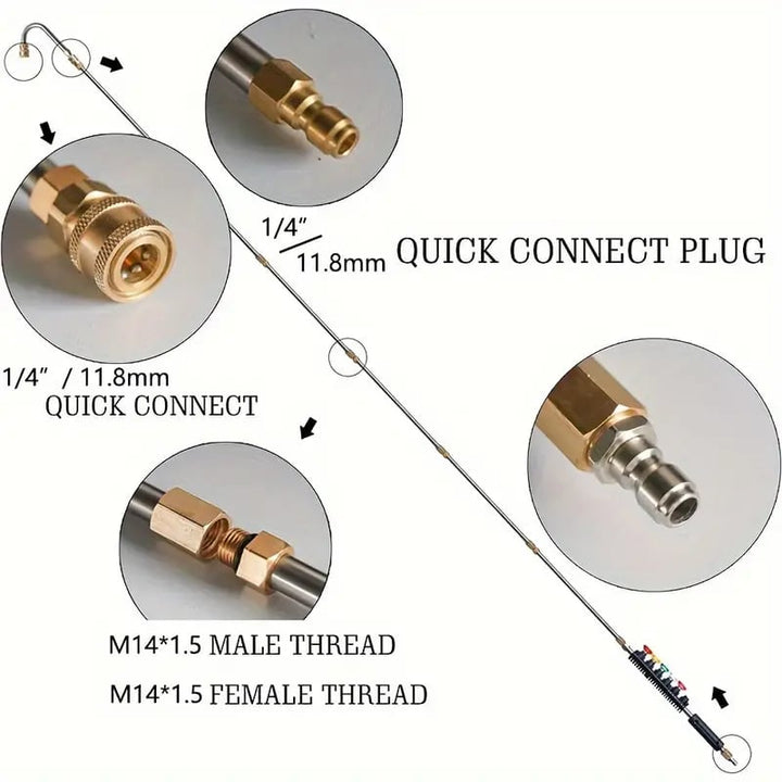 "4000 PSI telescoping high-pressure washer wand with 6 nozzle tips, ideal for gutter cleaning and reaching high areas easily.
