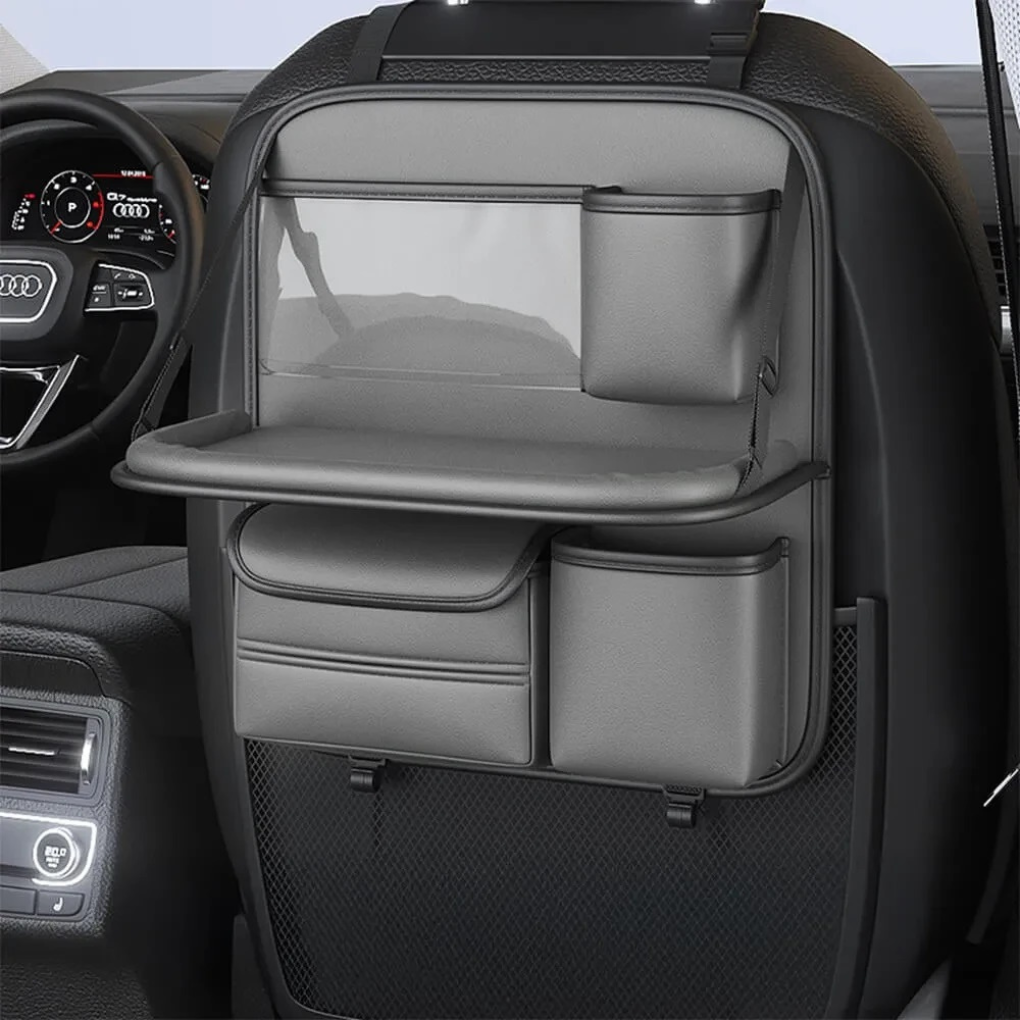 Durable polyester car back-seat organizer with foldable tray for vehicle interior storage.