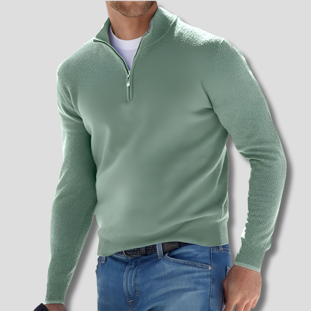 Men's zipper collar pullover, a comfortable long sleeve casual sweater, ideal for any relaxed occasion.