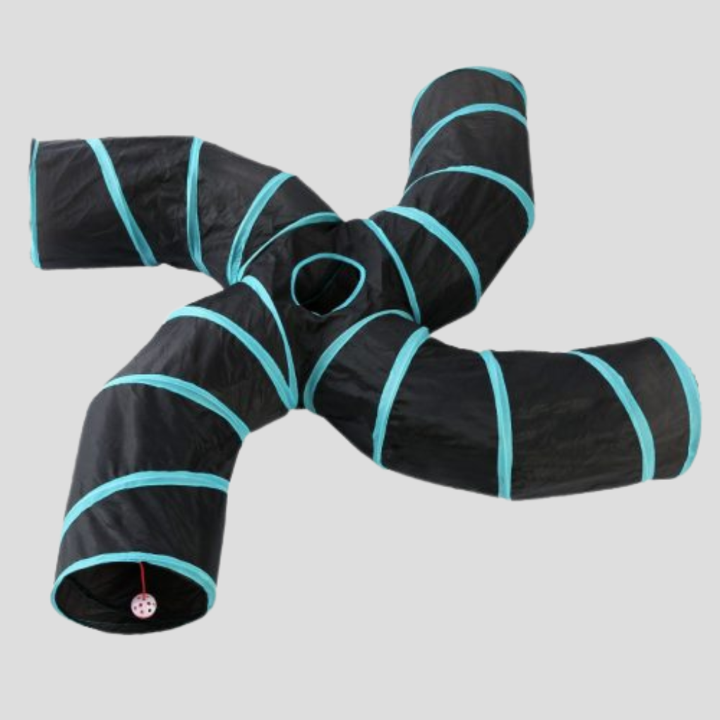 Foldable interactive cat play tunnel for indoor cats. Perfect for feline enrichment, exercise & endless fun.