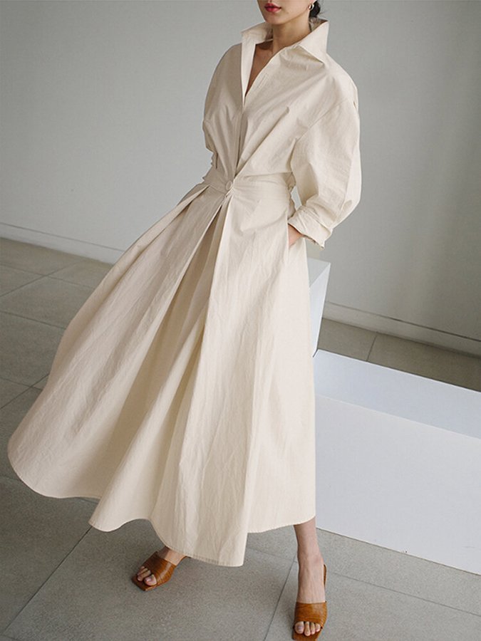 Versatile women's long sleeve collared midi dress, ideal for elegant fall & winter fashion or professional workwear.