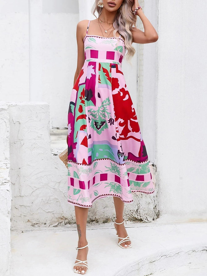 Versatile women's boho midi dress with square neck, perfect for spring, summer, and everyday style.