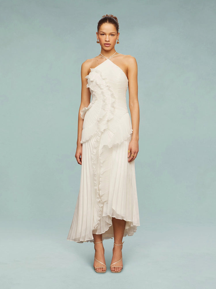 Formal gown for women: Sleeveless maxi dress with sophisticated asymmetric pleats, ideal for wedding guests.