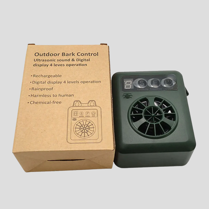 Humane outdoor ultrasonic bark control device for dogs. Effective training solution for a peaceful environment.