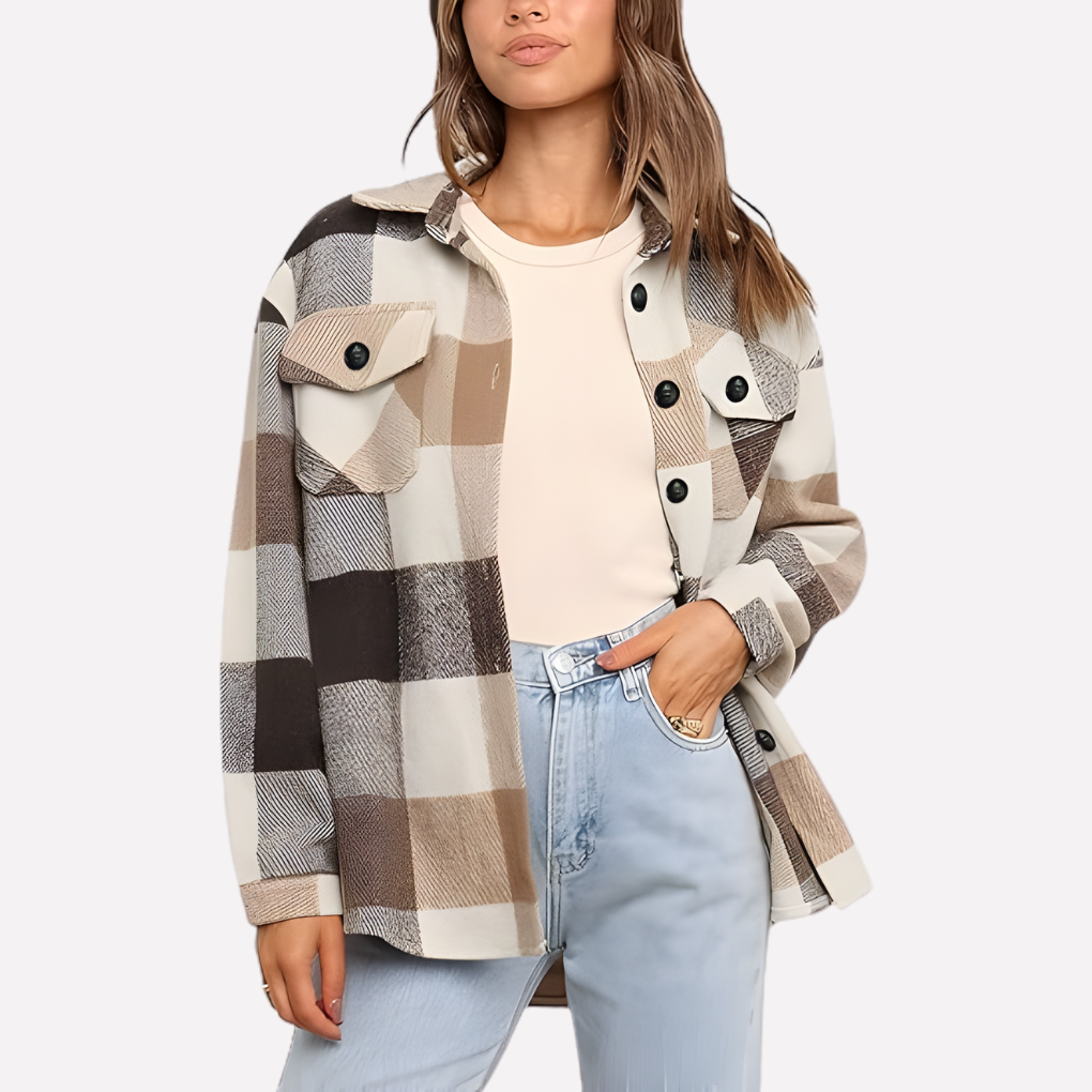 Chic plaid shacket, women's casual outerwear & versatile layering piece for fall.