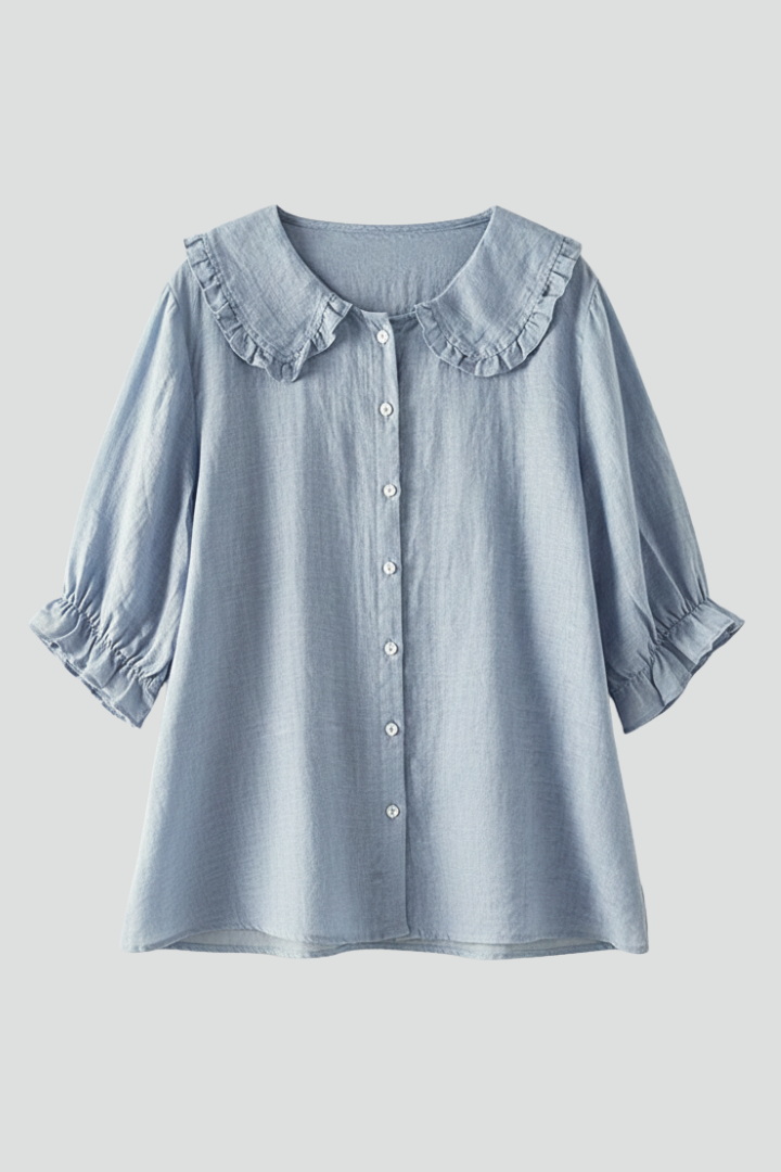 Women's elegant ruffled collar blouse with button front, perfect for office or casual wear.
