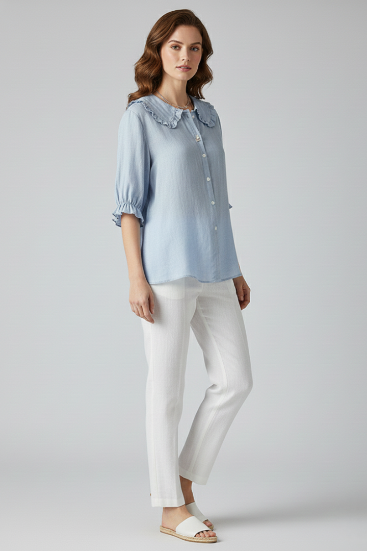 Women's fashion ruffled blouse, a sophisticated button-front top with mid-length sleeves for work.