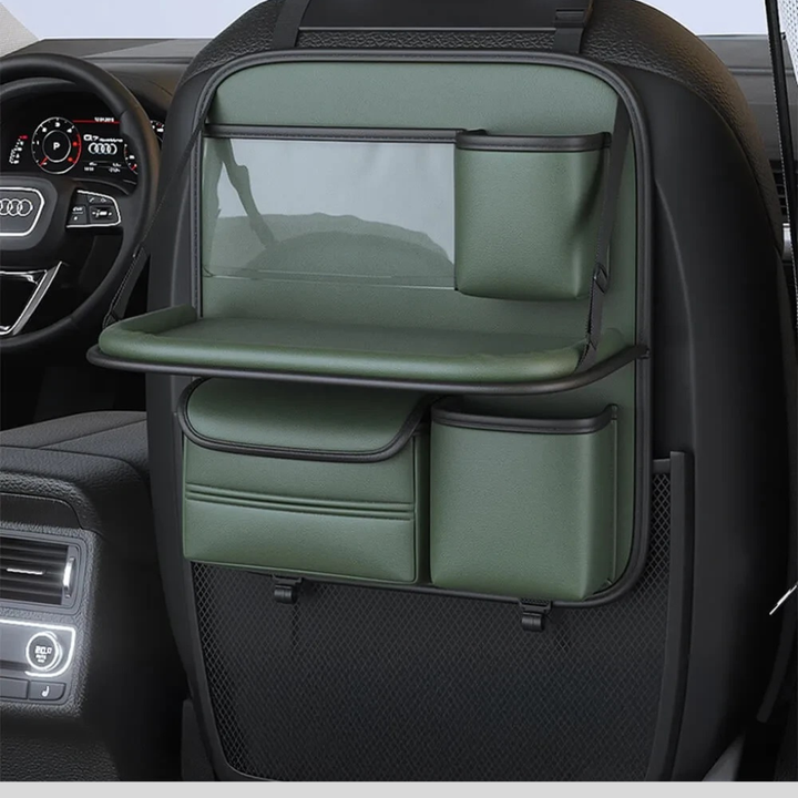 Foldable tray table on a car back-seat organizer, perfect for eating, work, or kids' activities.
