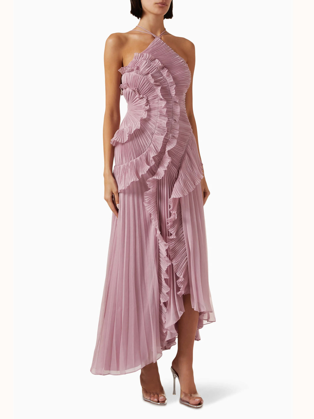 Beautifully draped sleeveless maxi dress with asymmetric pleats, perfect for a wedding guest or formal event.