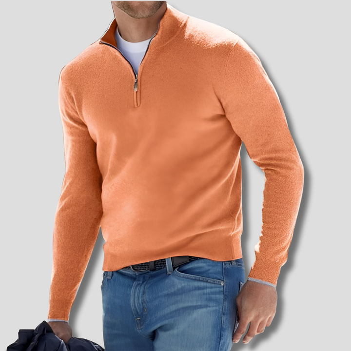 Men's versatile long sleeve sweater with zipper collar, designed for a comfortable, stylish, casual look.