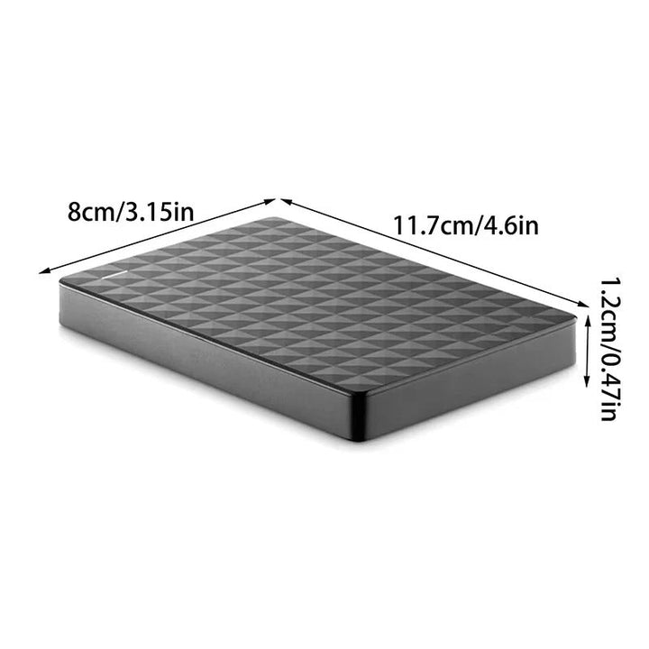 Compact black 8TB portable hard drive. High capacity mobile storage for digital file backup. USB 3.0 external drive.