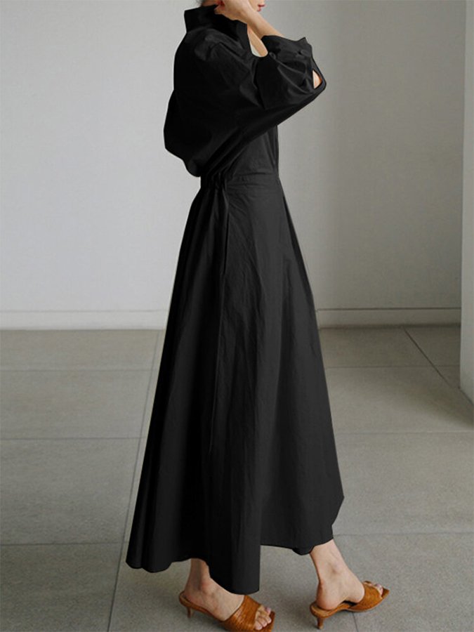 Chic women's long sleeve collared midi dress, perfect for elegant fall/winter fashion, casual outings & work.