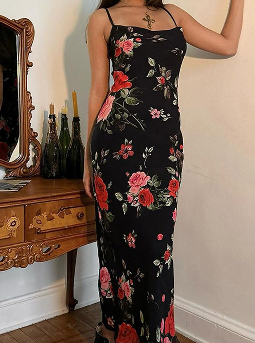 Elegant floral spaghetti strap maxi dress for women, ideal for summer, vacation & casual wear.