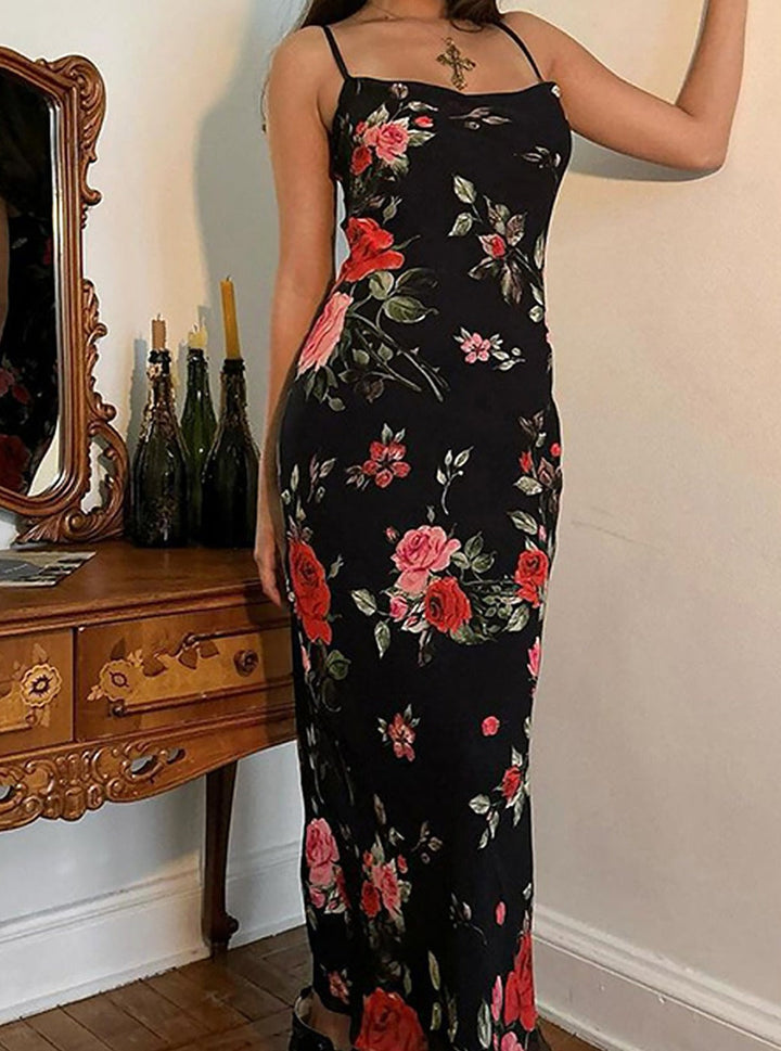Elegant floral spaghetti strap maxi dress for women, ideal for summer, vacation & casual wear.