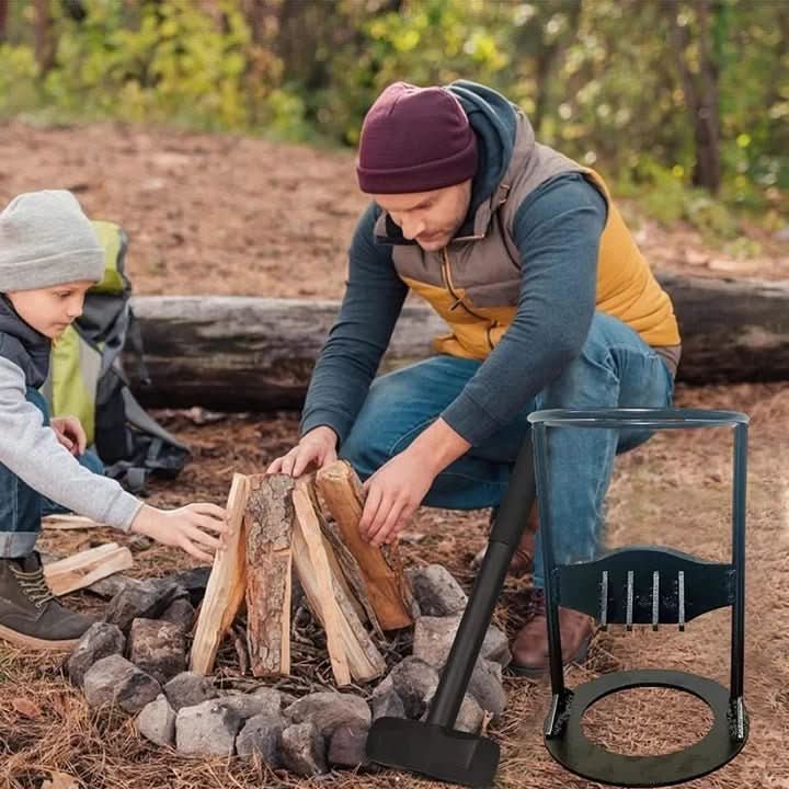 Compact wood splitter, ideal for camping, outdoor use, and safely preparing firewood for campfires & fire pits.