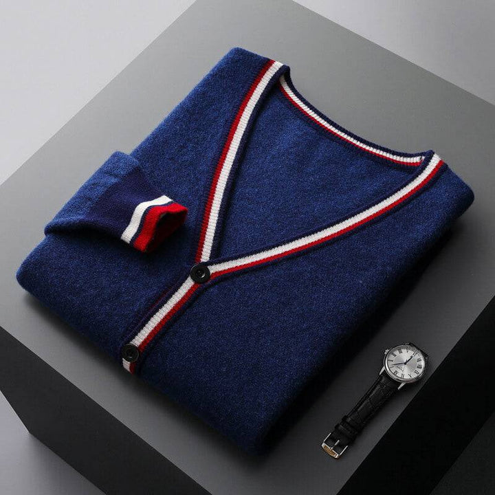 Men's deep blue & cream white striped V-neck cardigan sweater for casual fall fashion.