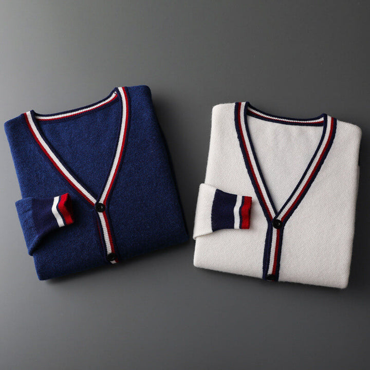 Stylish men's V-neck striped cardigan in blue and cream, perfect versatile knitwear.
