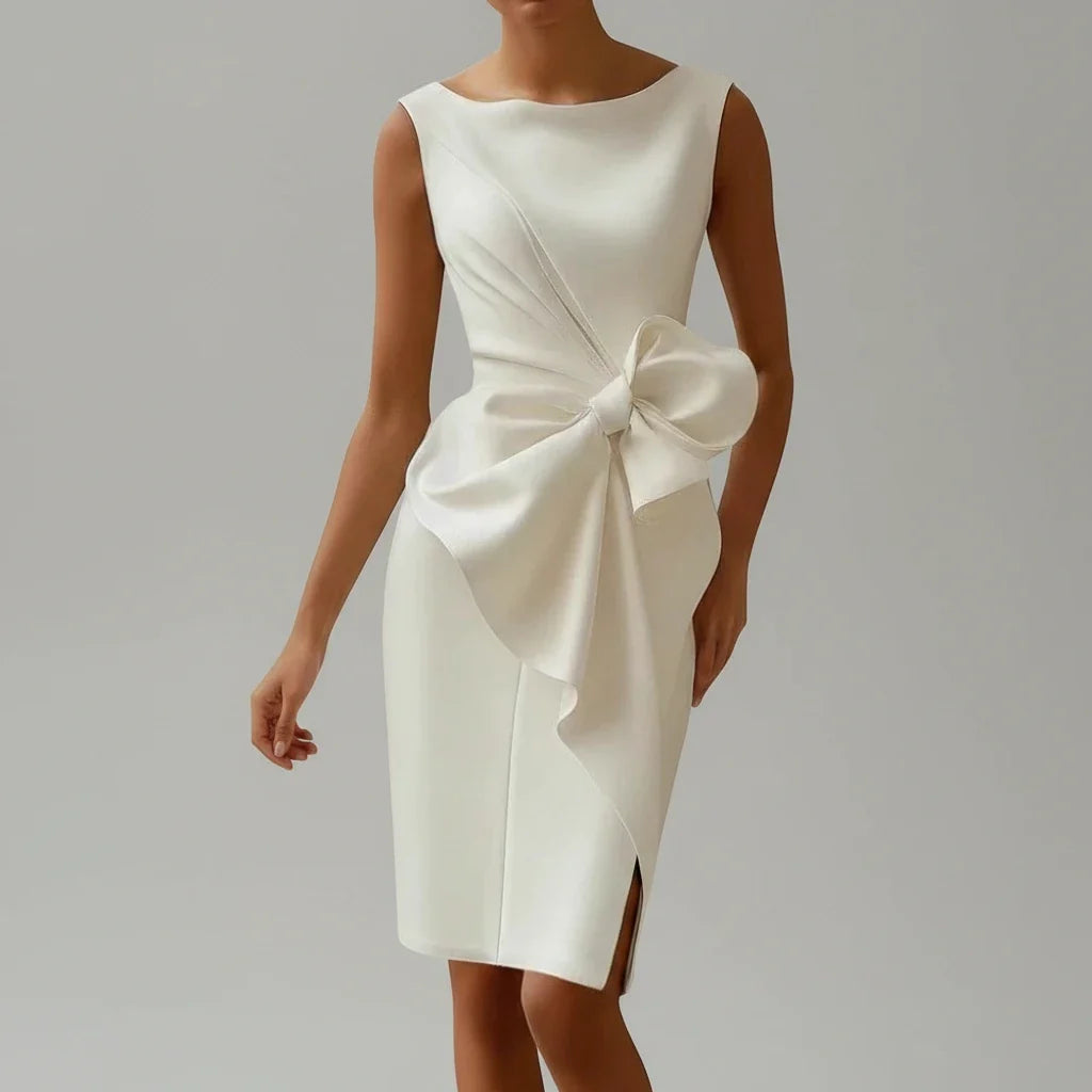Fitted women's elegant midi evening dress with a stylish bow, ideal for cocktails & special occasion wear.