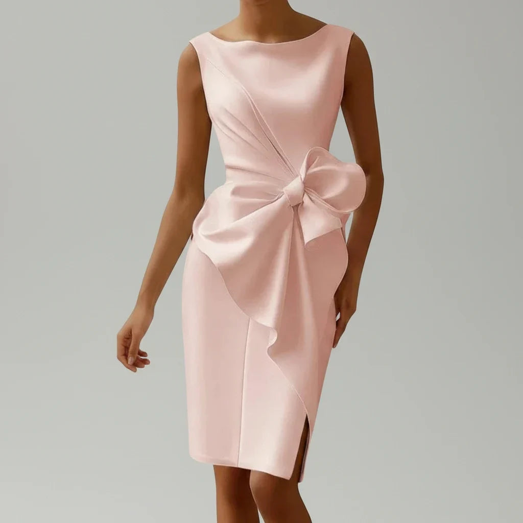 Elegant women's sleeveless cocktail midi dress with a chic bow detail, perfect for parties & special occasions.