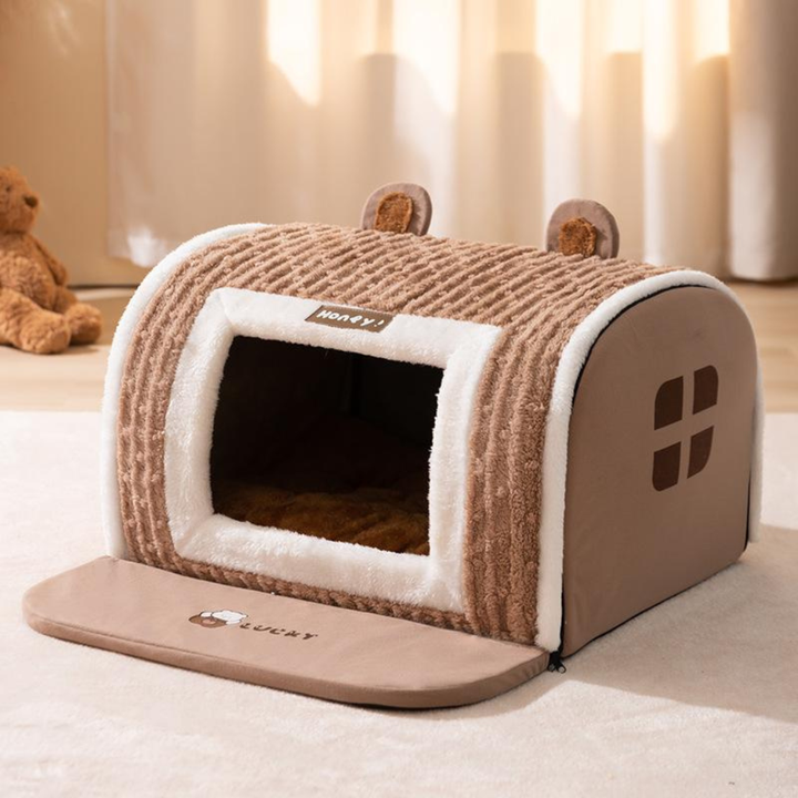 Cozy Lomi brown pet resting house. Ideal indoor bed for small dogs, cats, or medium pets seeking comfort.