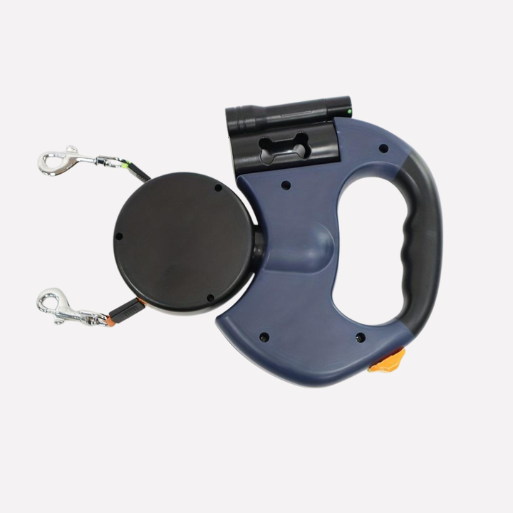 Innovative dual dog retractable leash with LED light for easy & safe outdoor pet walking. Tangle-free design for two dogs.