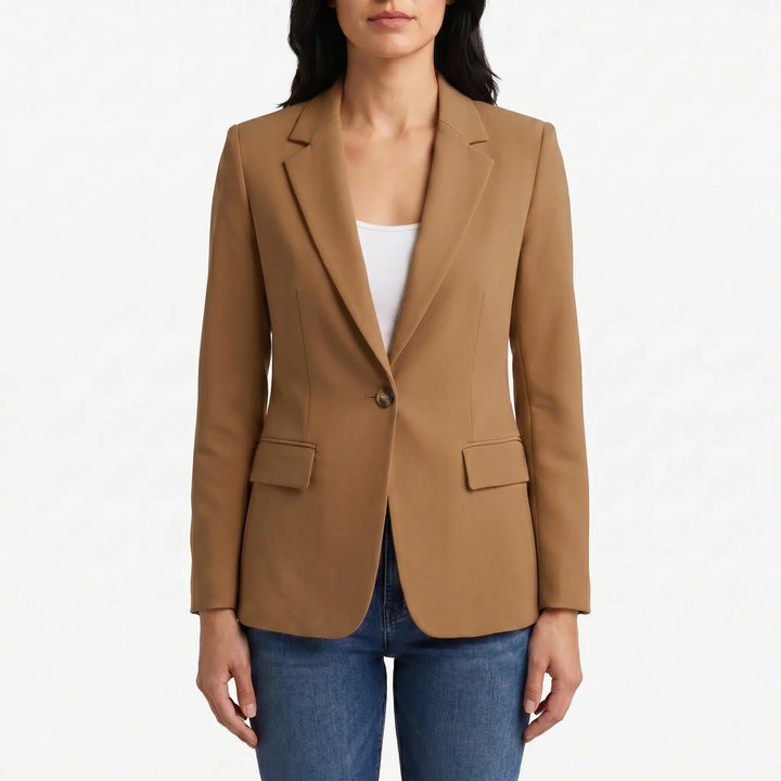 Sophisticated women's tailored blazer, a long sleeve classic jacket designed for professional business attire.