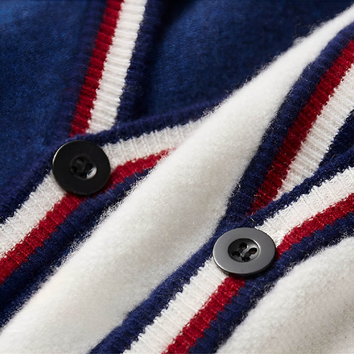 Comfortable men's striped V-neck button-down cardigan in soft knit for fall style.