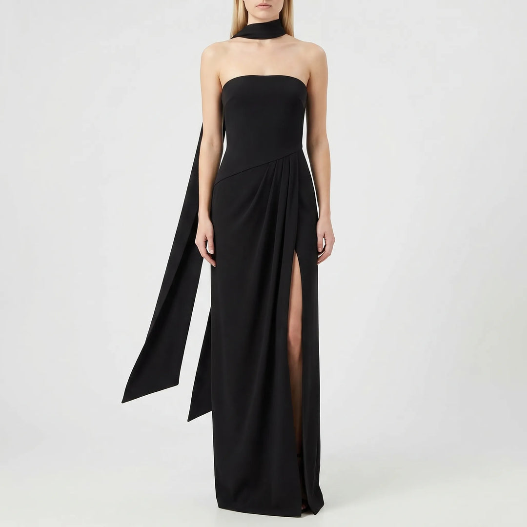 Sophisticated women's formal gown, a draped maxi dress with a high slit, ideal for wedding guests.