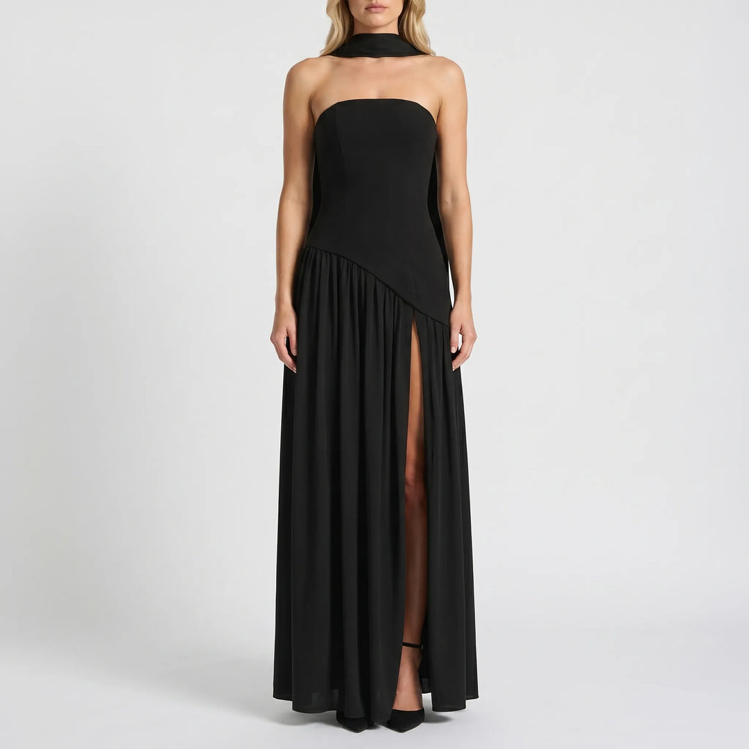 Graceful women's draped floor-length maxi dress with a high slit, an elegant choice for special occasions.
