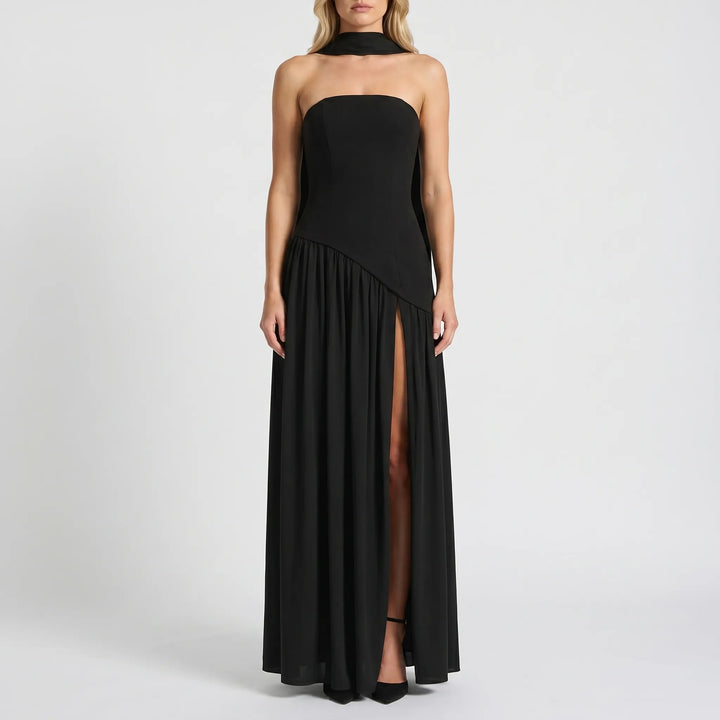 Graceful women's draped floor-length maxi dress with a high slit, an elegant choice for special occasions.
