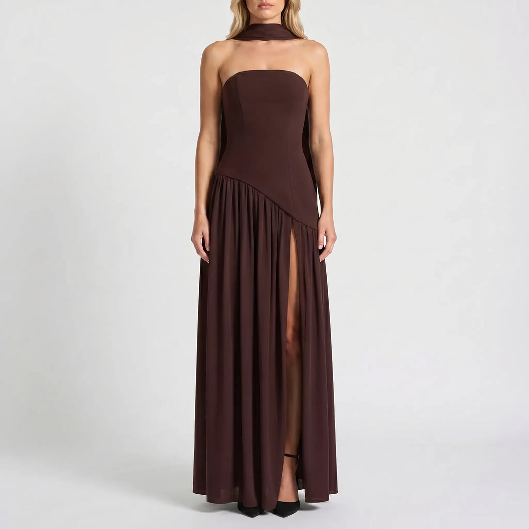 Stylish women's draped formal maxi dress with a high slit and halter neckline, perfect for evening events.