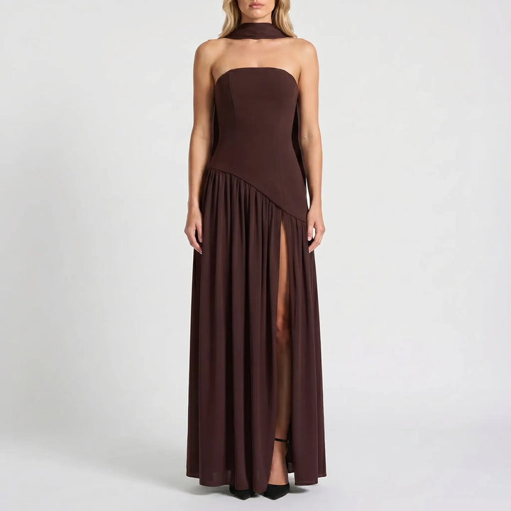 Stylish women's draped formal maxi dress with a high slit and halter neckline, perfect for evening events.
