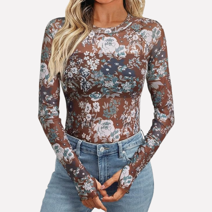 Chic women's sheer patterned long sleeve top for evening wear. Elegant slim fit blouse, great for layering & parties.