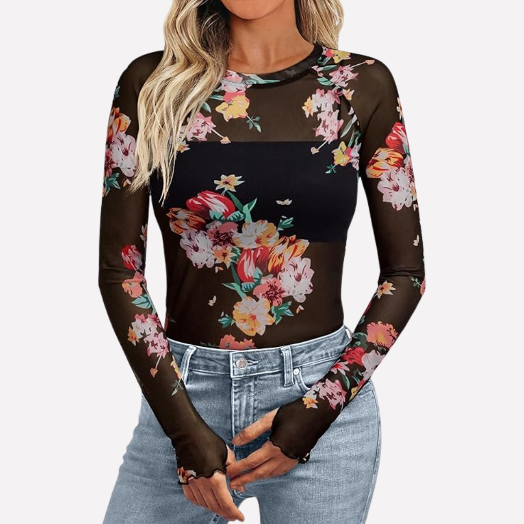 Versatile women's sheer patterned long sleeve top. Elegant slim fit blouse, perfect for going out, layering & parties.