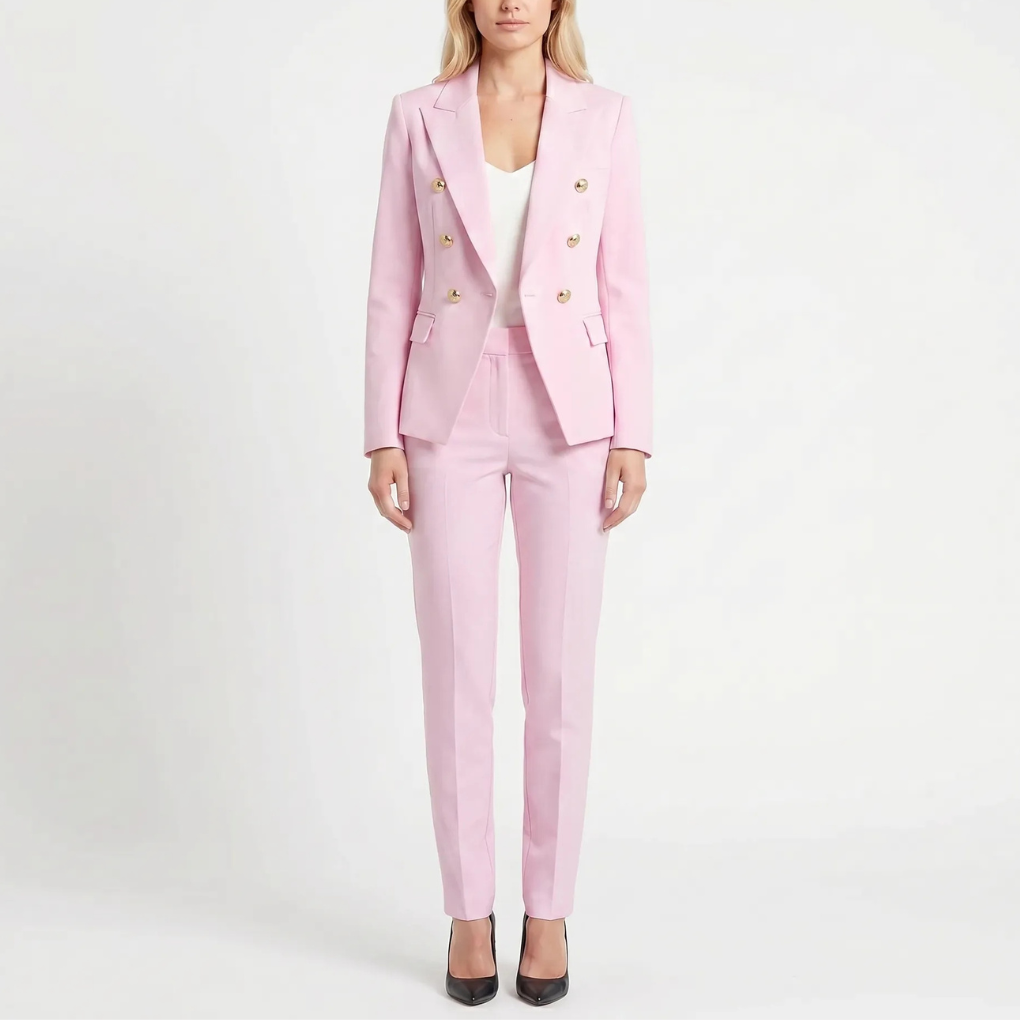 Stylish women's tailored double-breasted blazer set with slim trousers for a sleek business look.