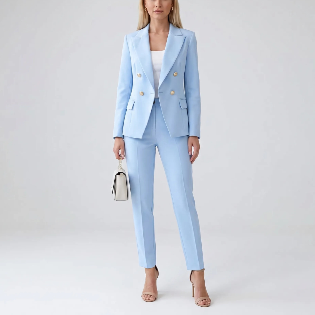 Versatile women's formal wear: a stylish two-piece suit with a fitted jacket & elegant straight trousers.