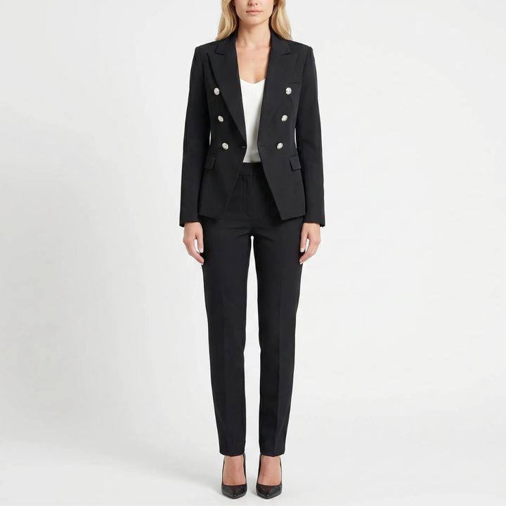Elegant women's double-breasted blazer & slim fit trouser suit. Stylish formal outfit for evening & office.