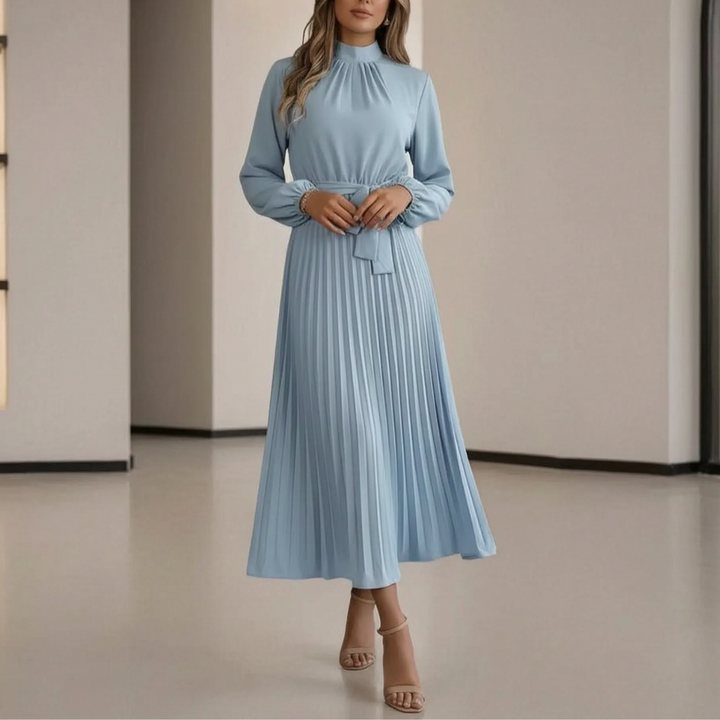 Elegant women's long-sleeve pleated midi dress with a flattering tie waist, perfect for formal occasions.